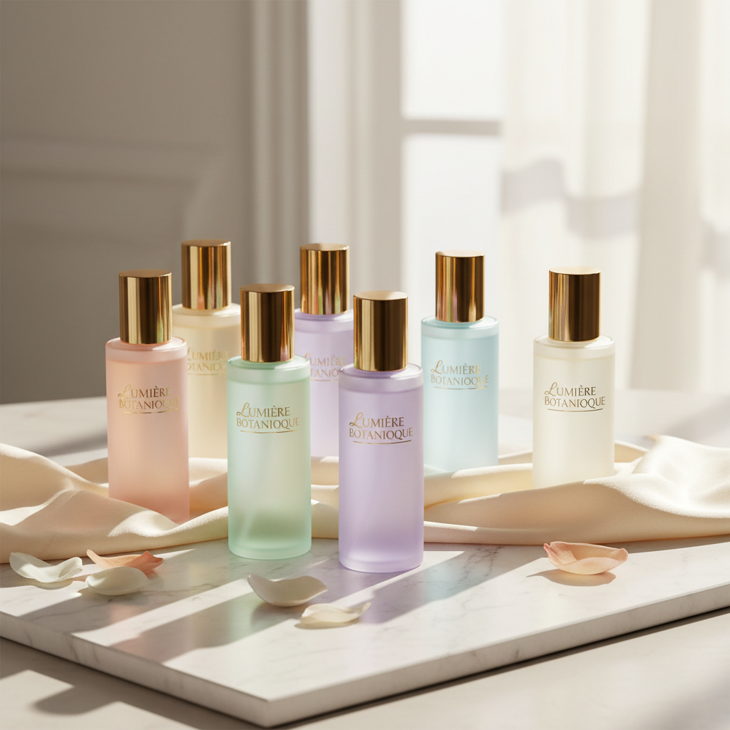 Body mist collection on light marble set
