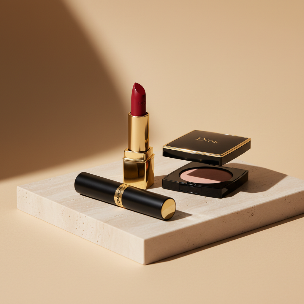 Premium makeup still life on stone plinth