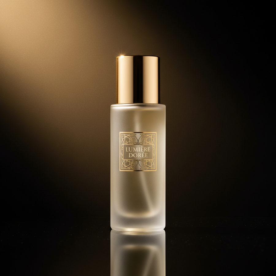 Luxury body mist bottle on dark reflective set